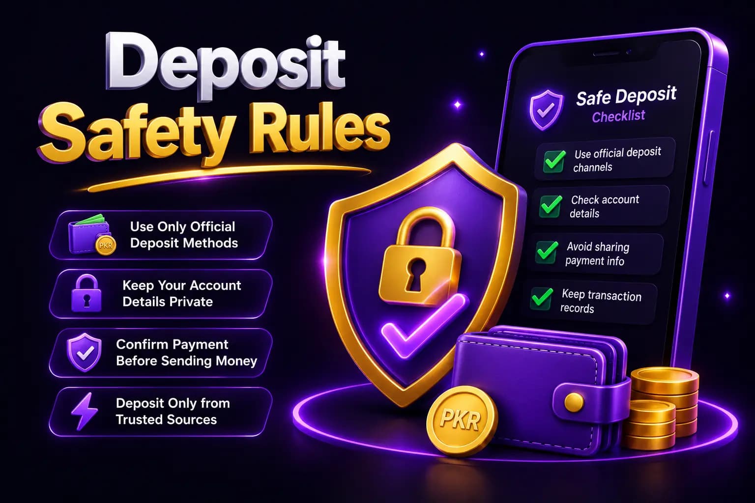 Bet PKR branded graphic showing safety rules to follow before making a Bet PKR deposit
