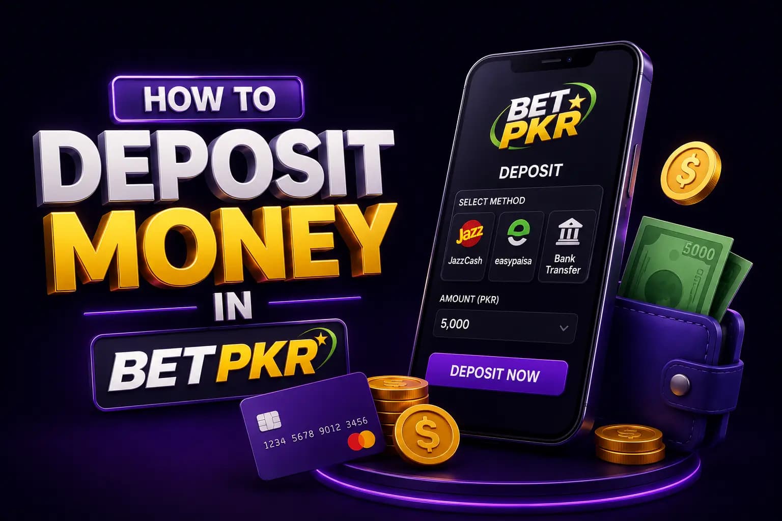Bet PKR branded graphic showing the step-by-step process to deposit money into a Bet PKR account