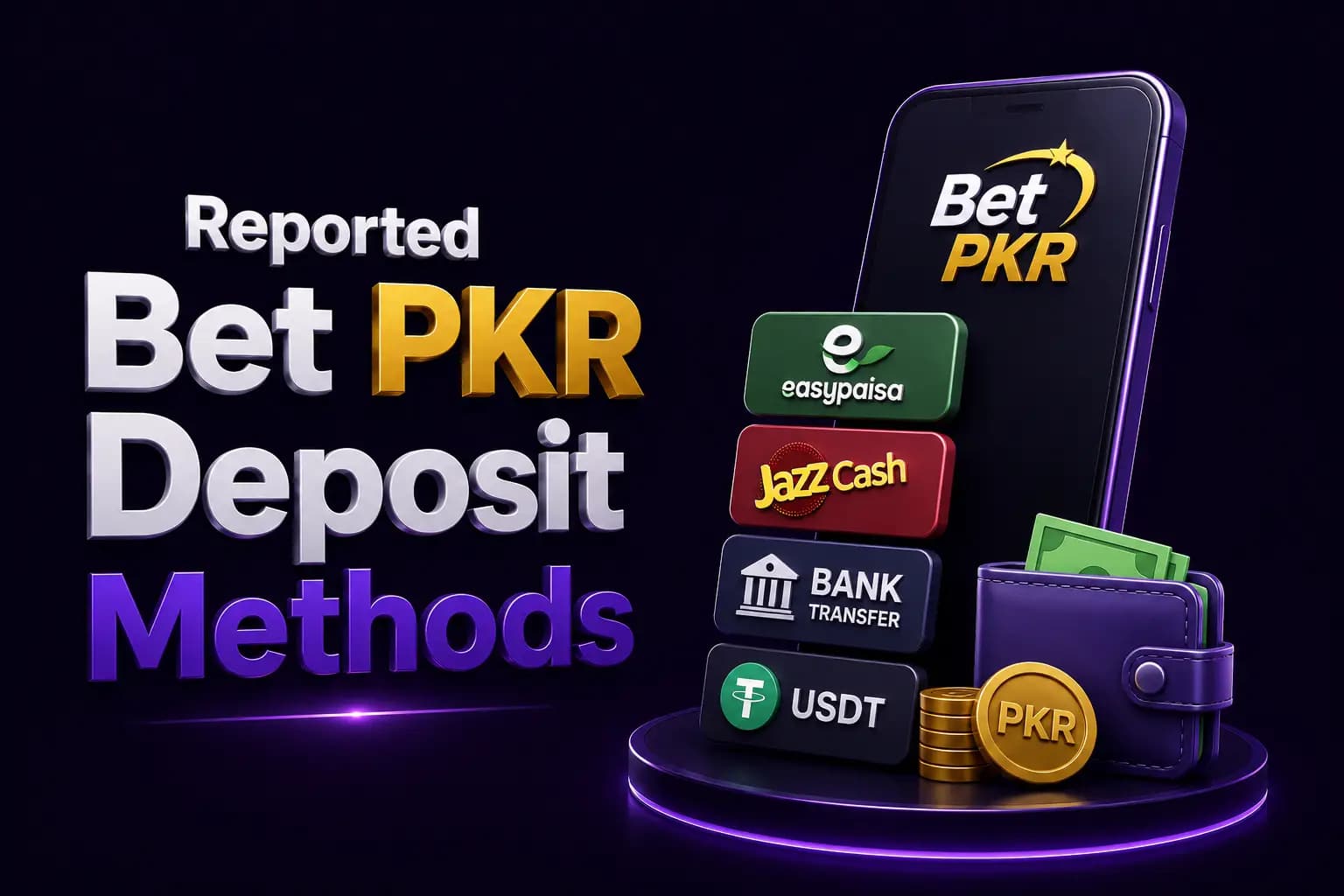 Bet PKR branded graphic showing the reported deposit payment methods on a smartphone