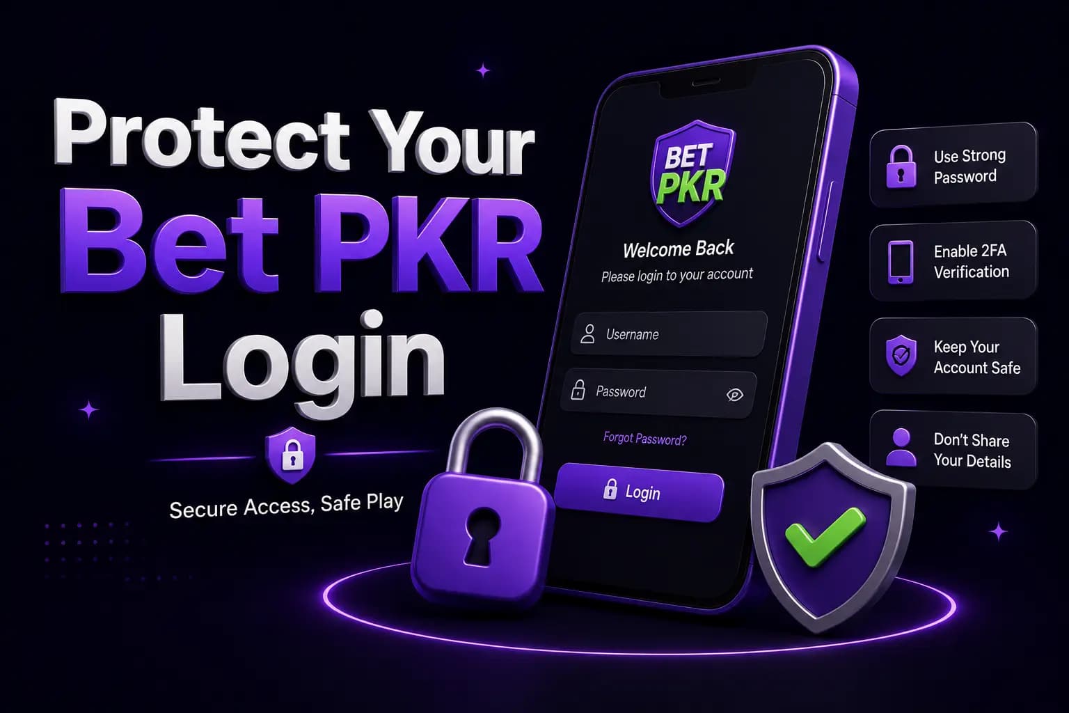 Bet PKR branded graphic showing a smartphone with a padlock, illustrating login account protection