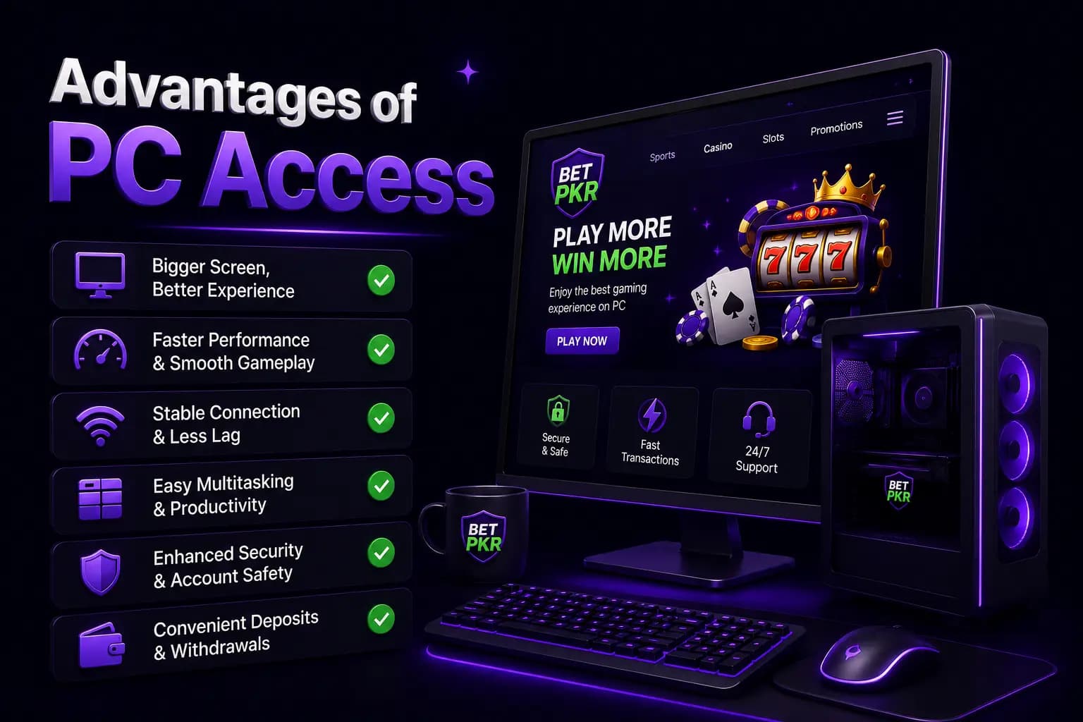 Bet PKR branded graphic listing the advantages of accessing Bet PKR on a PC, shown on a desktop monitor setup