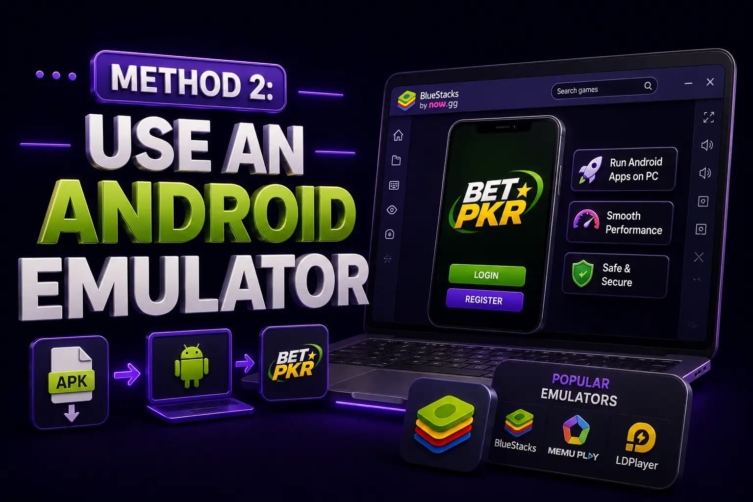 Bet PKR branded graphic showing an Android emulator setup used to run Bet PKR on a PC