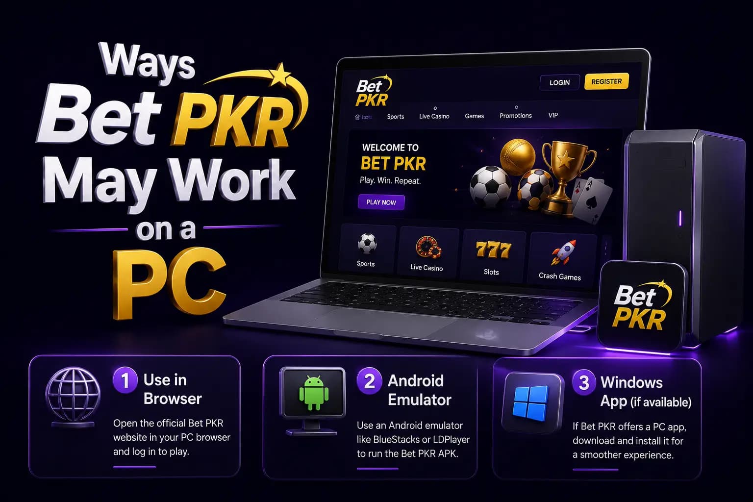Bet PKR branded graphic showing the different ways to access Bet PKR on a PC, including browser and emulator options