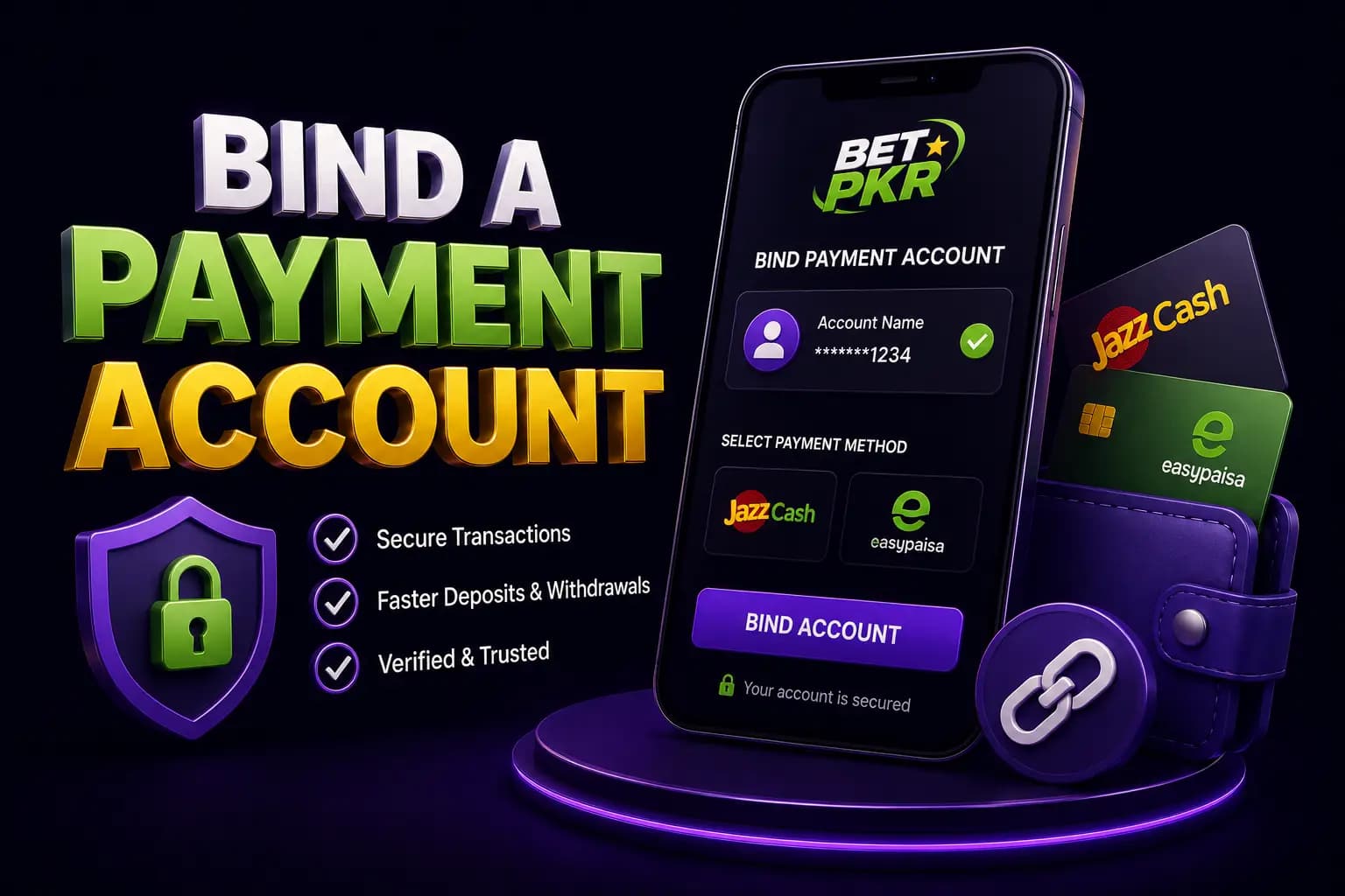 Bet PKR branded graphic showing a smartphone with a payment account being linked for withdrawals