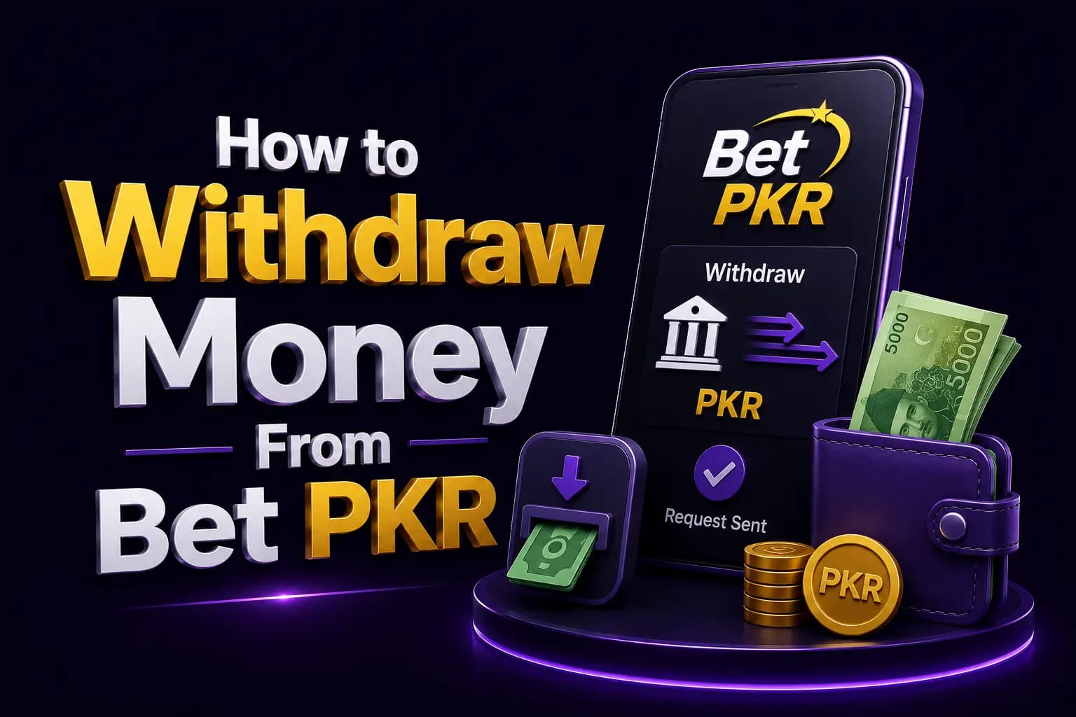 Bet PKR branded graphic showing the withdrawal process with a smartphone and cash payout