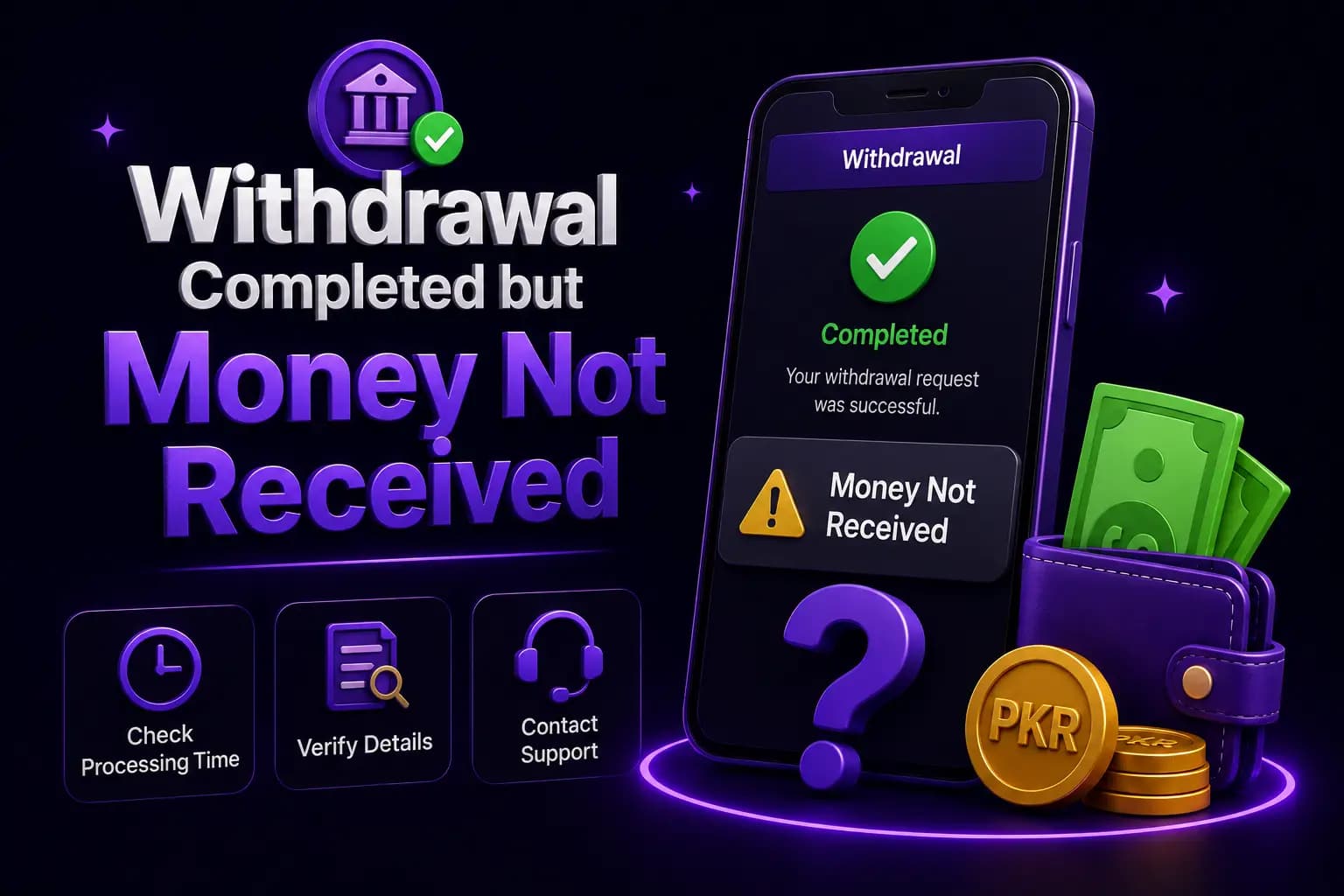 Bet PKR branded graphic showing a smartphone with a completed withdrawal that has not yet been received