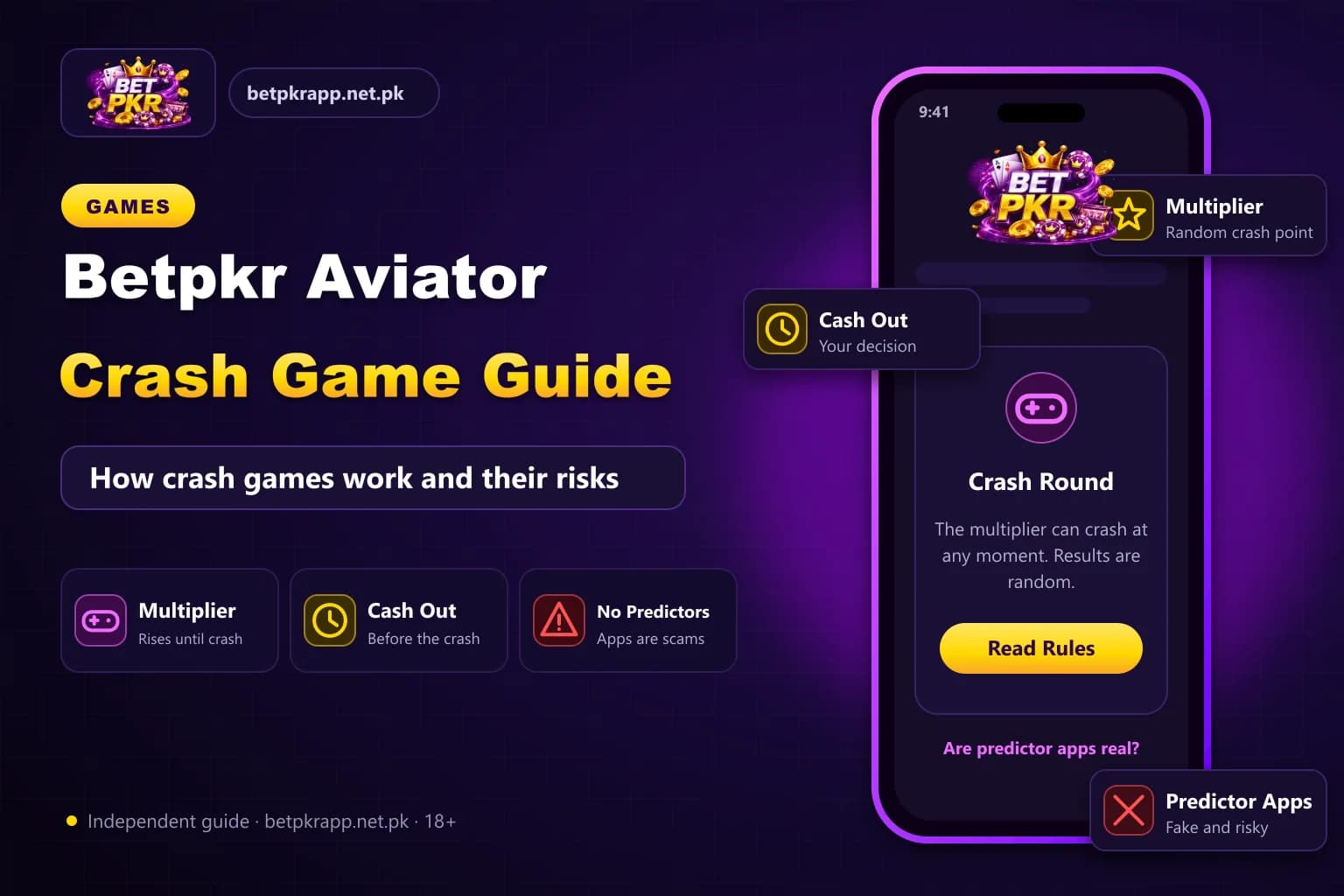 Illustration of a crash game screen with a rising multiplier curve and a cash-out button, used to explain Betpkr Aviator
