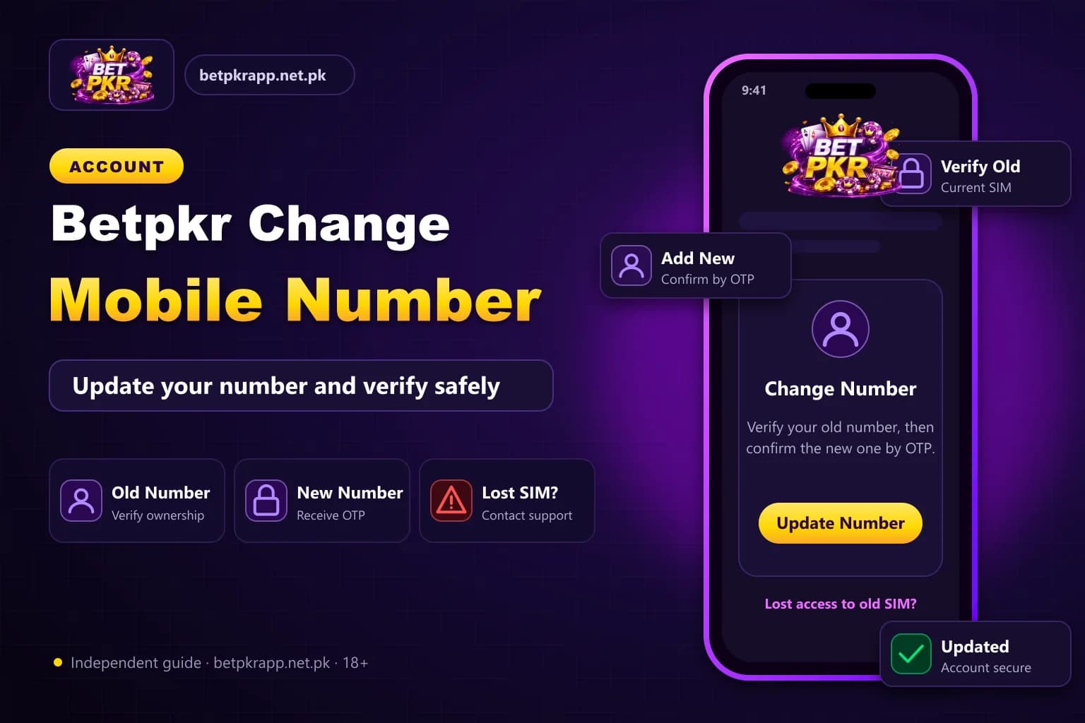 Smartphone showing a Betpkr account settings screen with a mobile number update and verification prompt