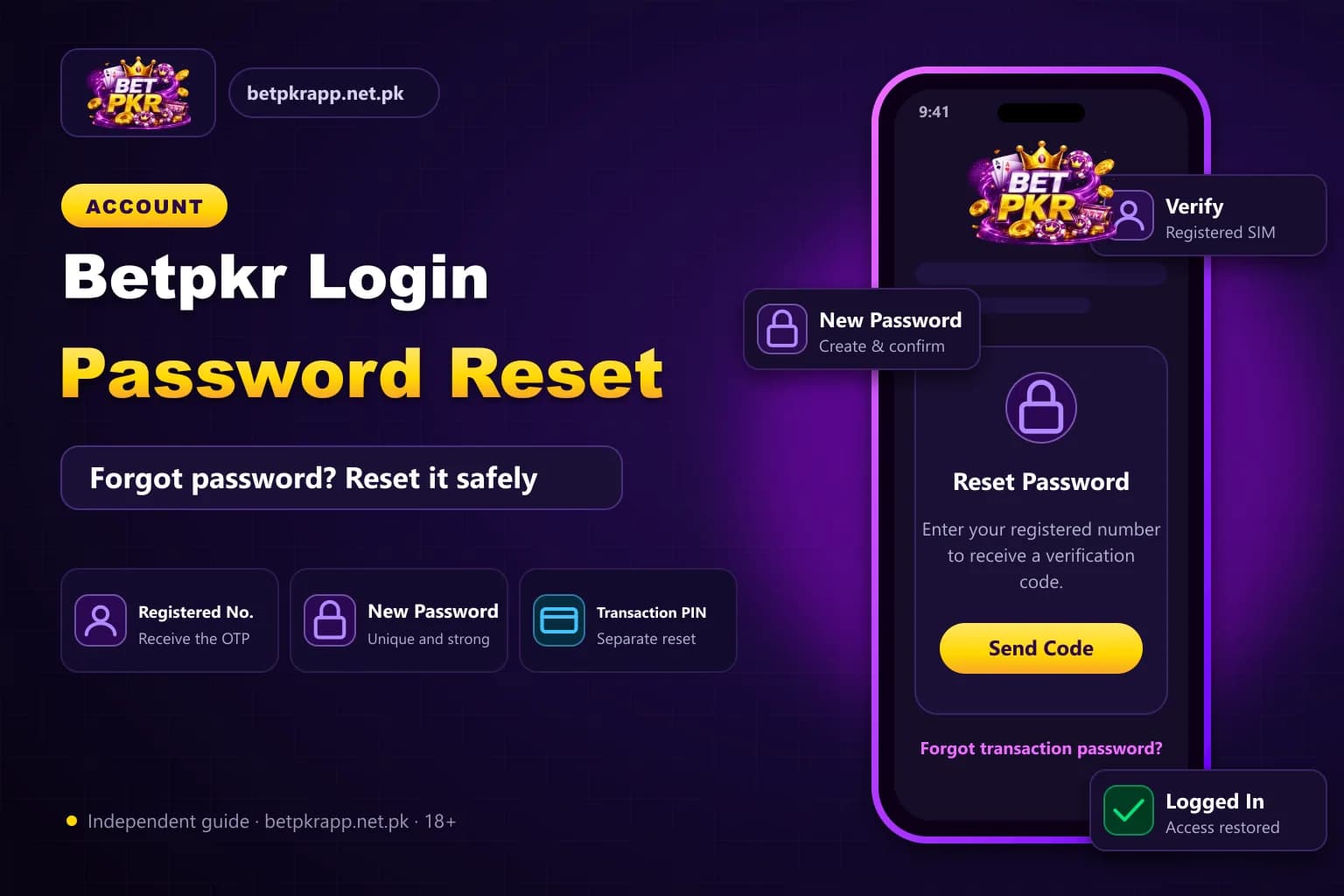 Bet PKR graphic of a smartphone forgot-password screen next to a login password versus transaction password comparison