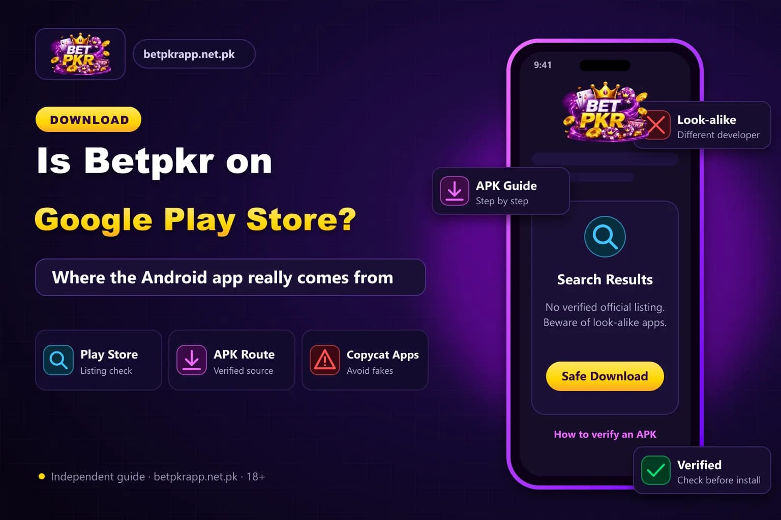 Android phone showing a Play Store search with a checklist for spotting copycat Betpkr app listings