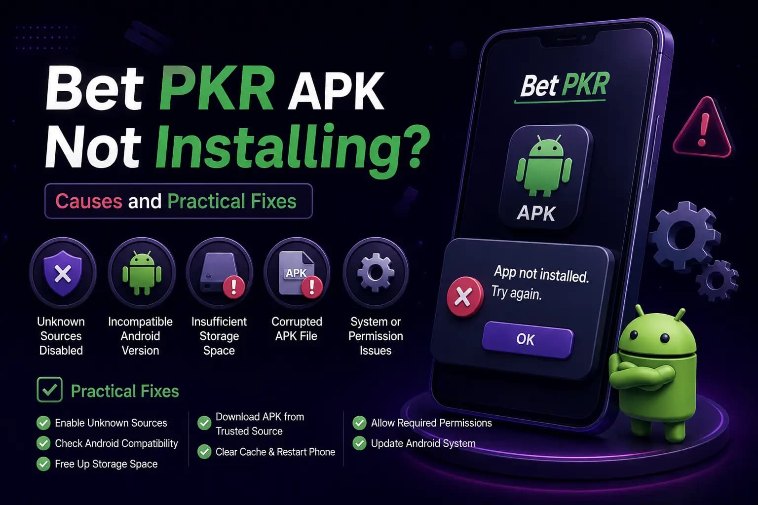 Bet PKR branded graphic showing a smartphone with an APK installation error, illustrating causes and fixes